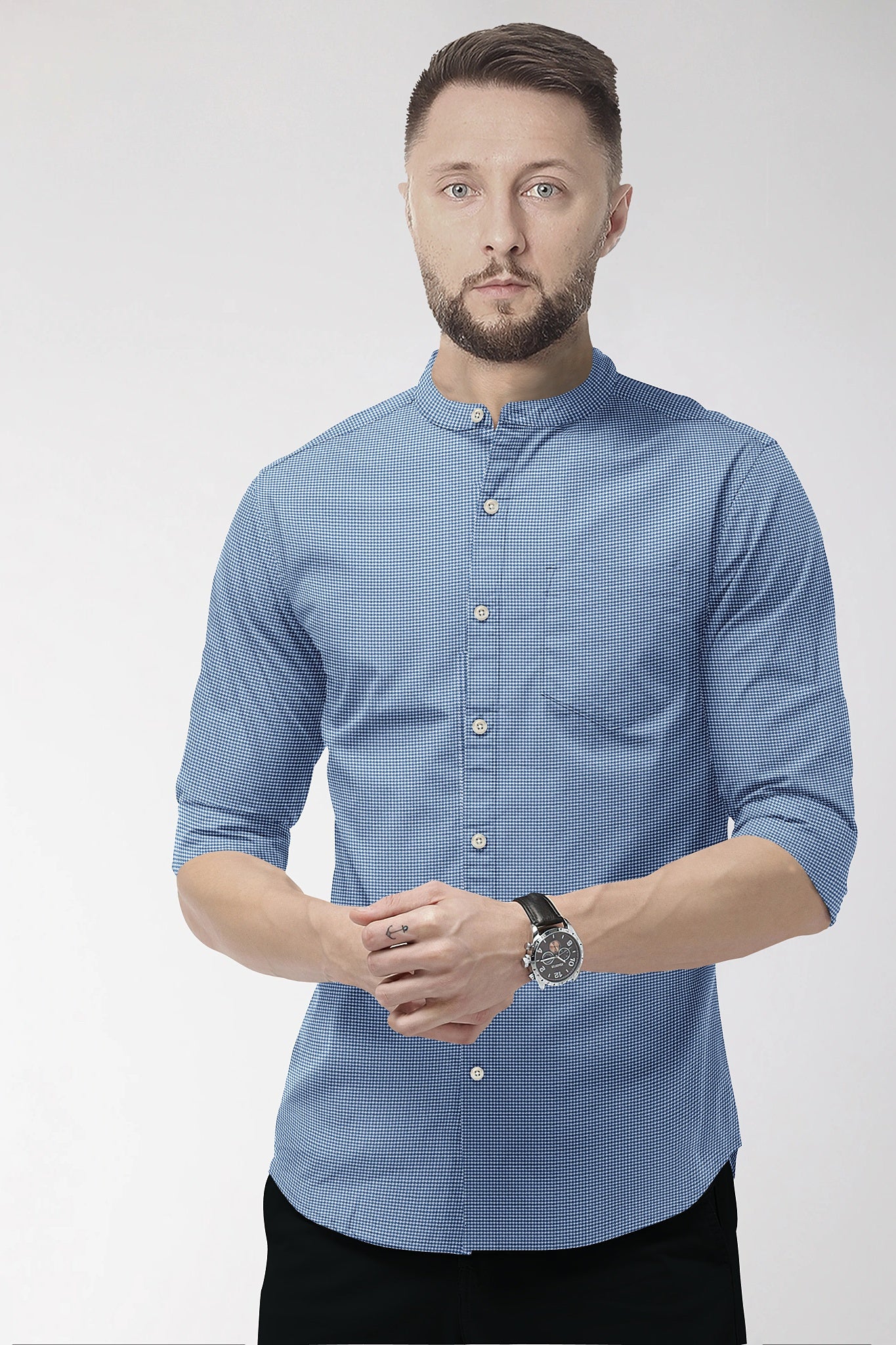 Baleine Blue and White Ninja Shuriken Printed Mandarin Collar Cotton Shirt