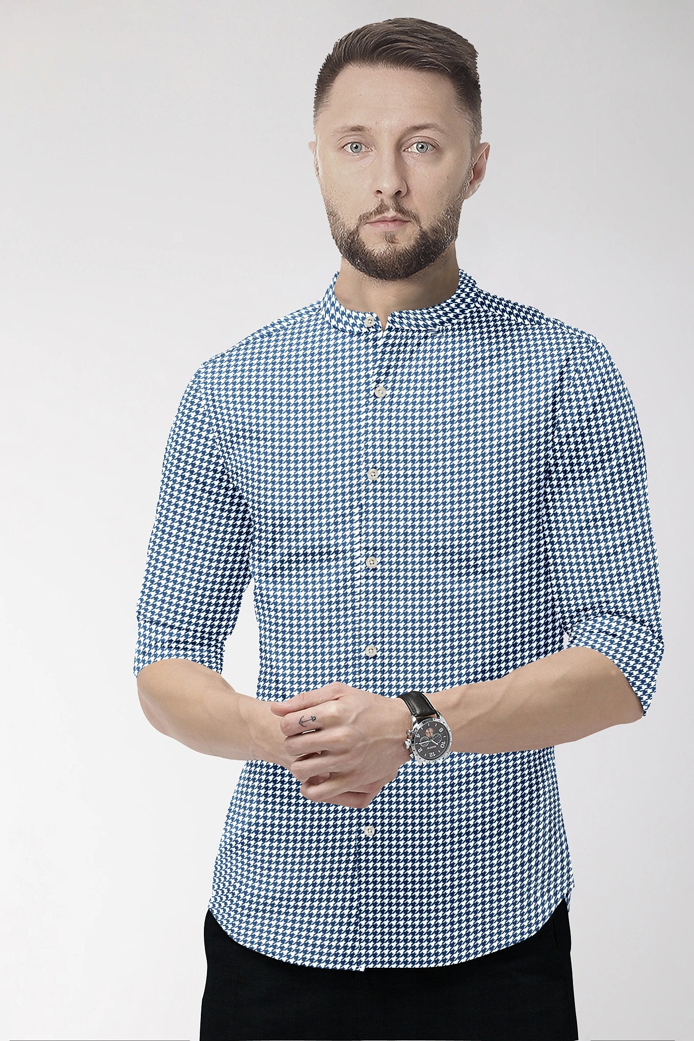 White and Baleine Blue Hounds Tooth Checks Mandarin Collar Cotton Shirt