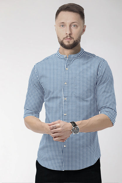 White and Baleine Blue Hounds Tooth Checks Mandarin Collar Cotton Shirt