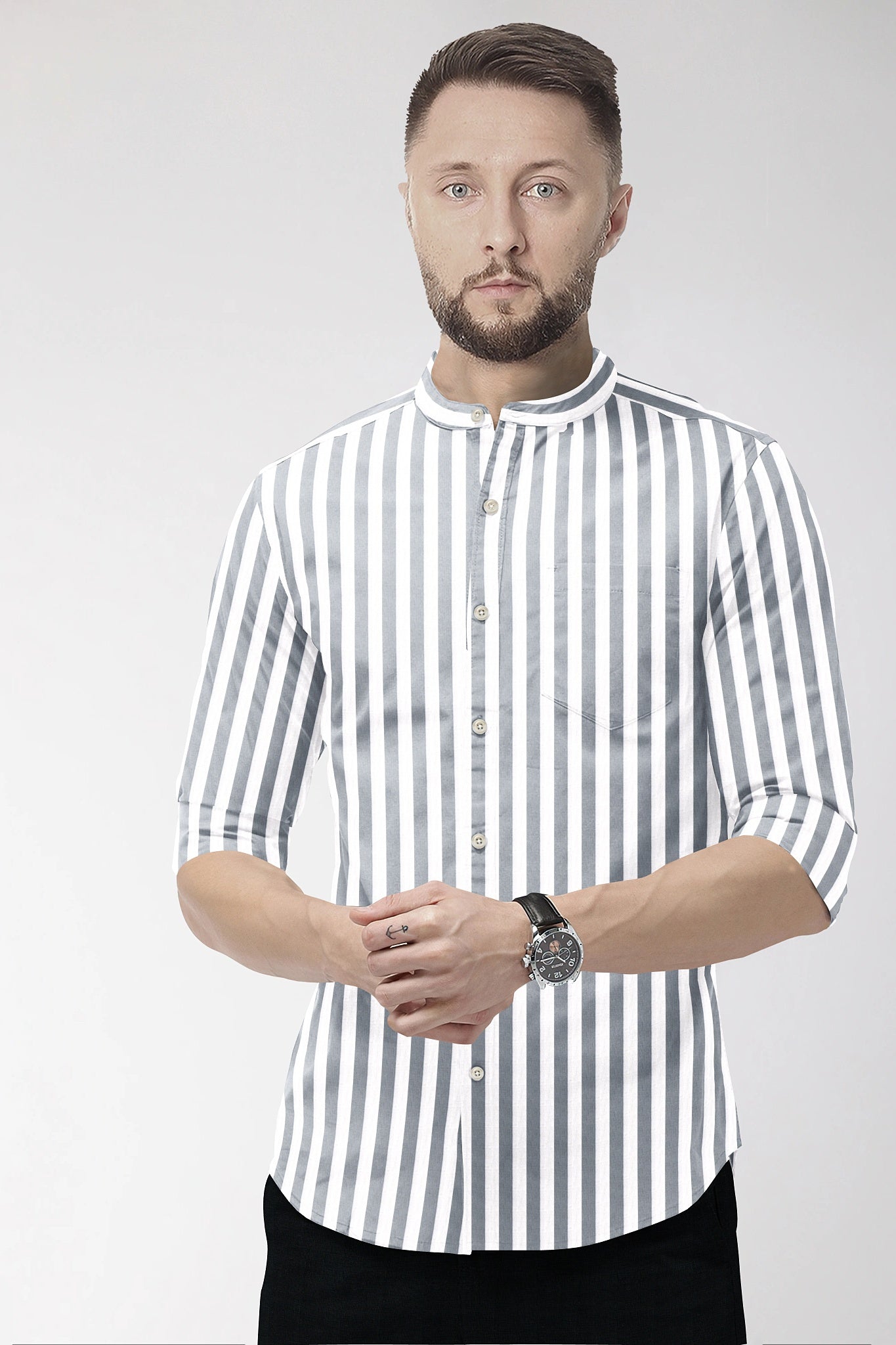 Lunar Gray and White Awning Stripes Mandarin Collar Cotton Shirt