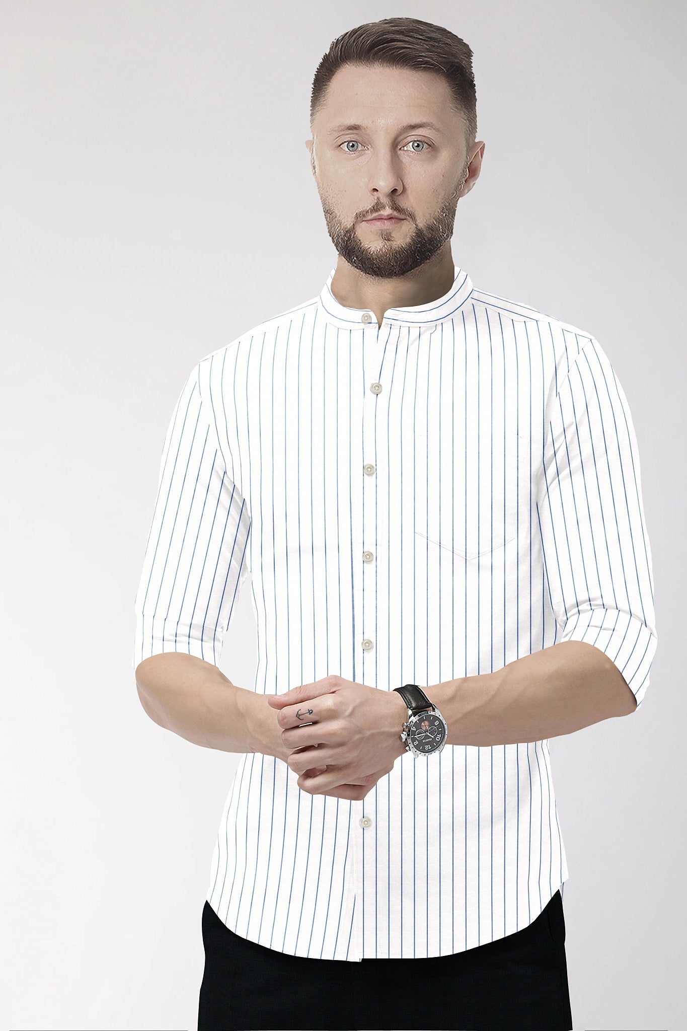 White and Dodger Blue Pin Stripes Mandarin Collar Cotton Shirt