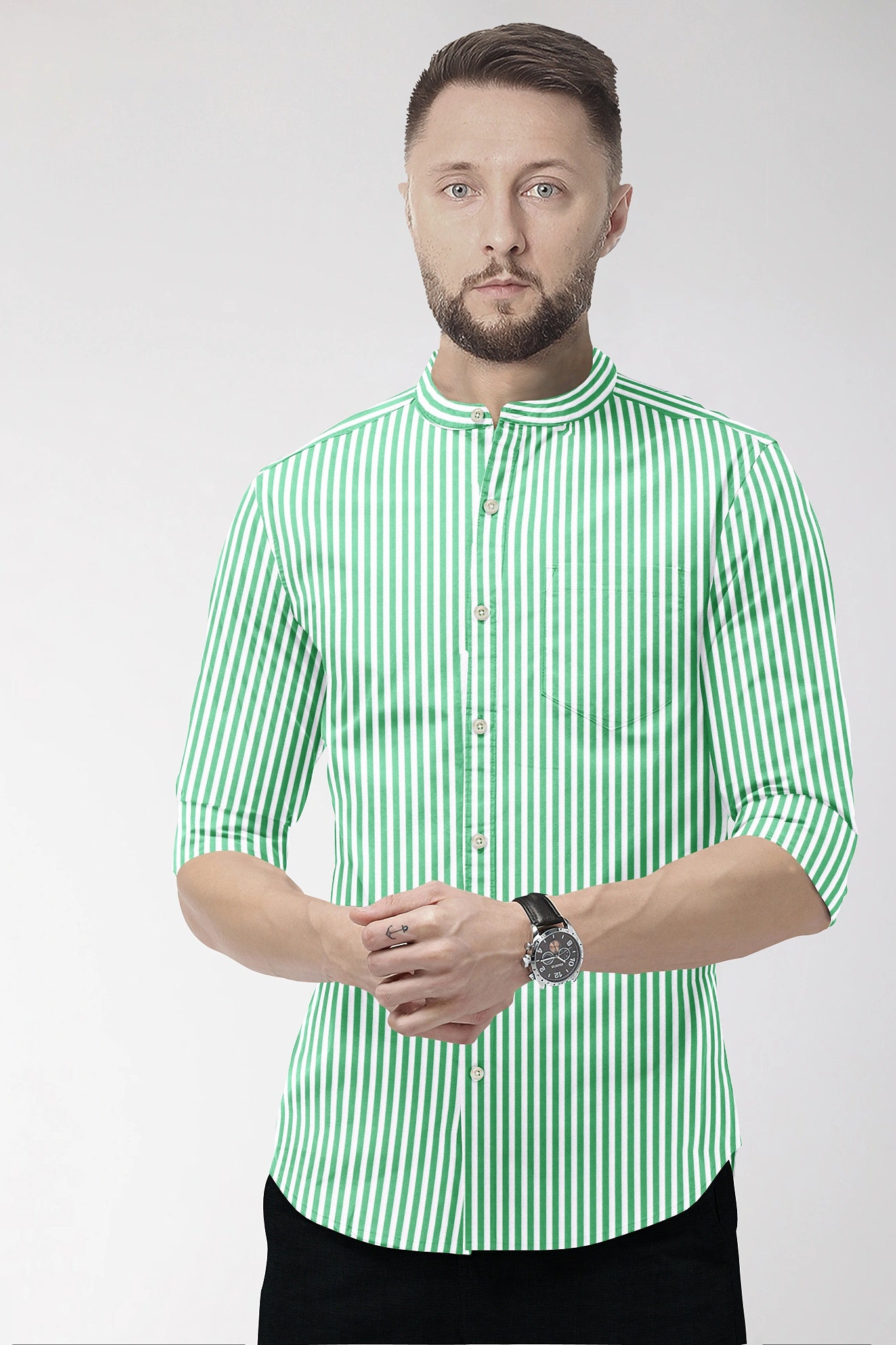 White and Zephyr Green Candy Stripes Mandarin Collar Cotton Shirt