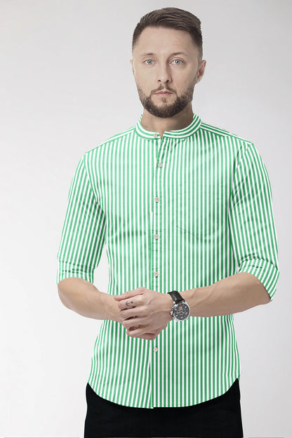 White and Zephyr Green Candy Stripes Mandarin Collar Cotton Shirt