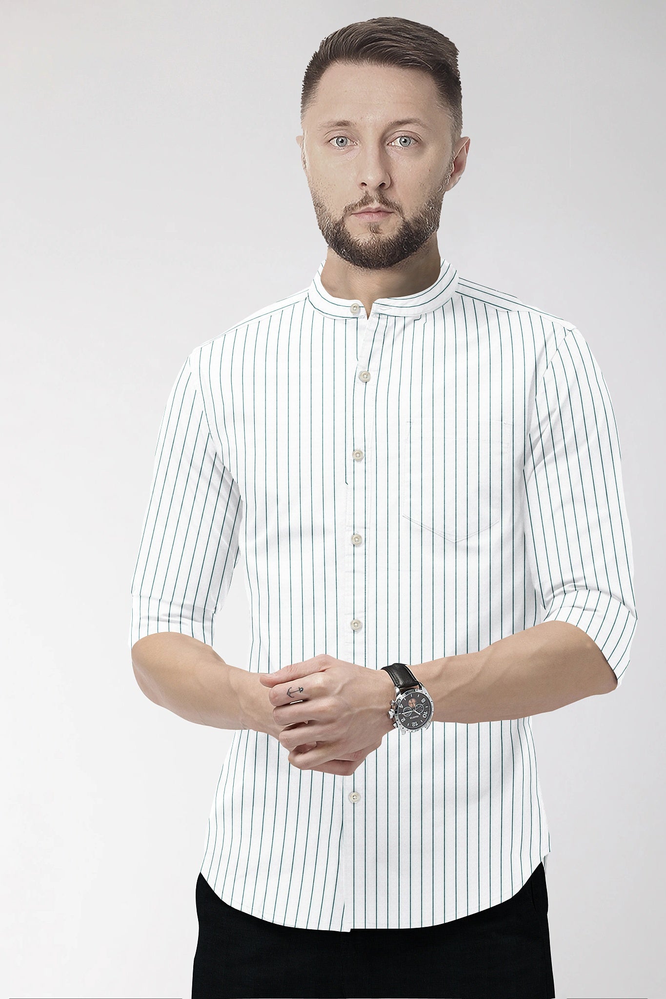 White and Amazon Green Pin Stripes Mandarin Cotton Shirt