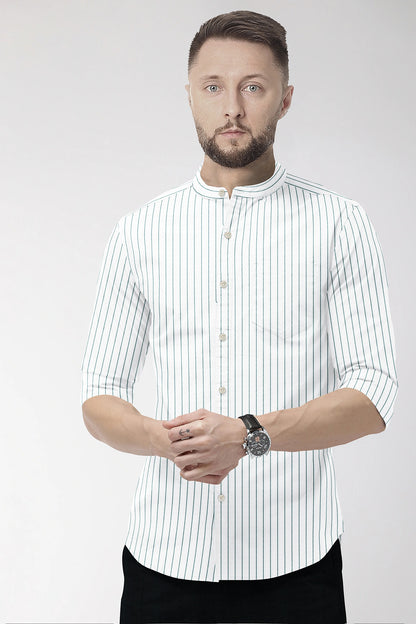 White and Amazon Green Pin Stripes Mandarin Cotton Shirt