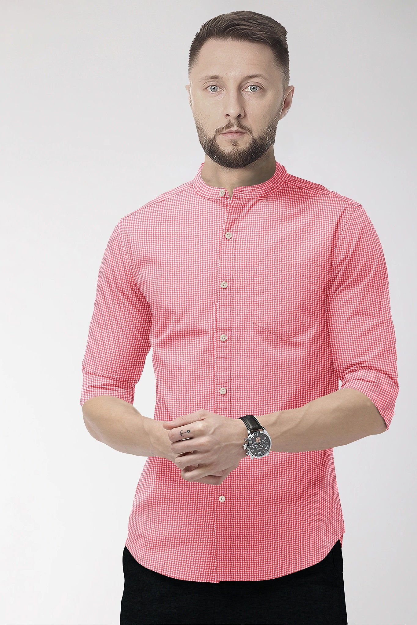 Poinsettia Red and White Ninja Shuriken Printed Mandarin Collar Cotton Shirt