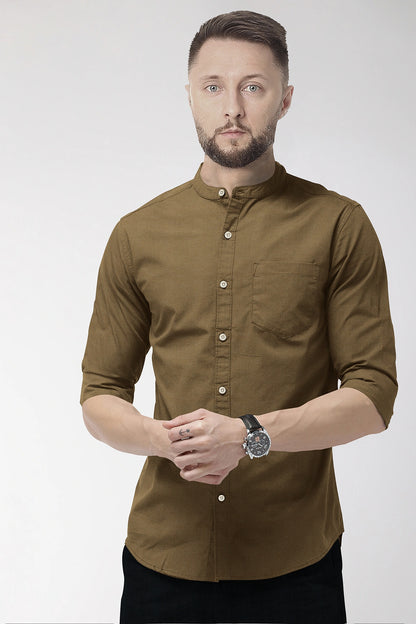 Chamoisee Brown Mandarin Collar Luxurious Linen Shirt