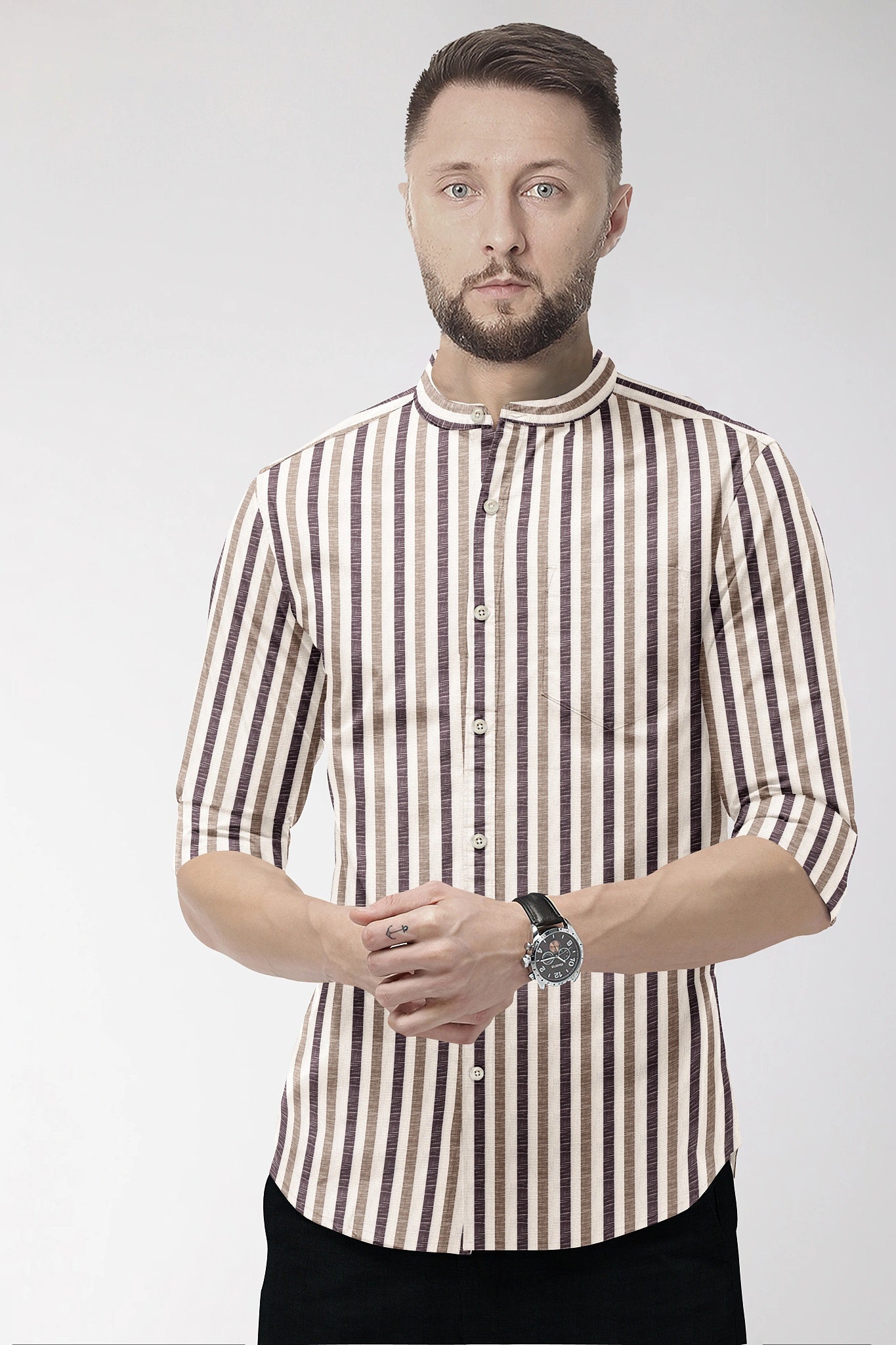 Beige with Wine and Antler Brown Multitrack Stripes Mandarin Collar Cotton Linen Shirt