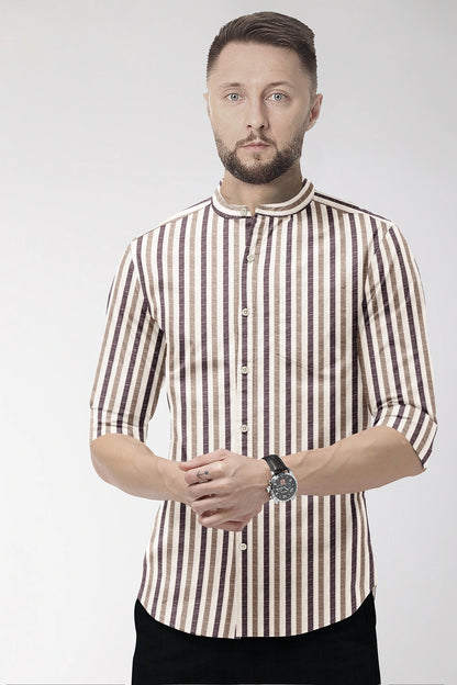 Beige with Wine and Antler Brown Multitrack Stripes Mandarin Collar Cotton Linen Shirt