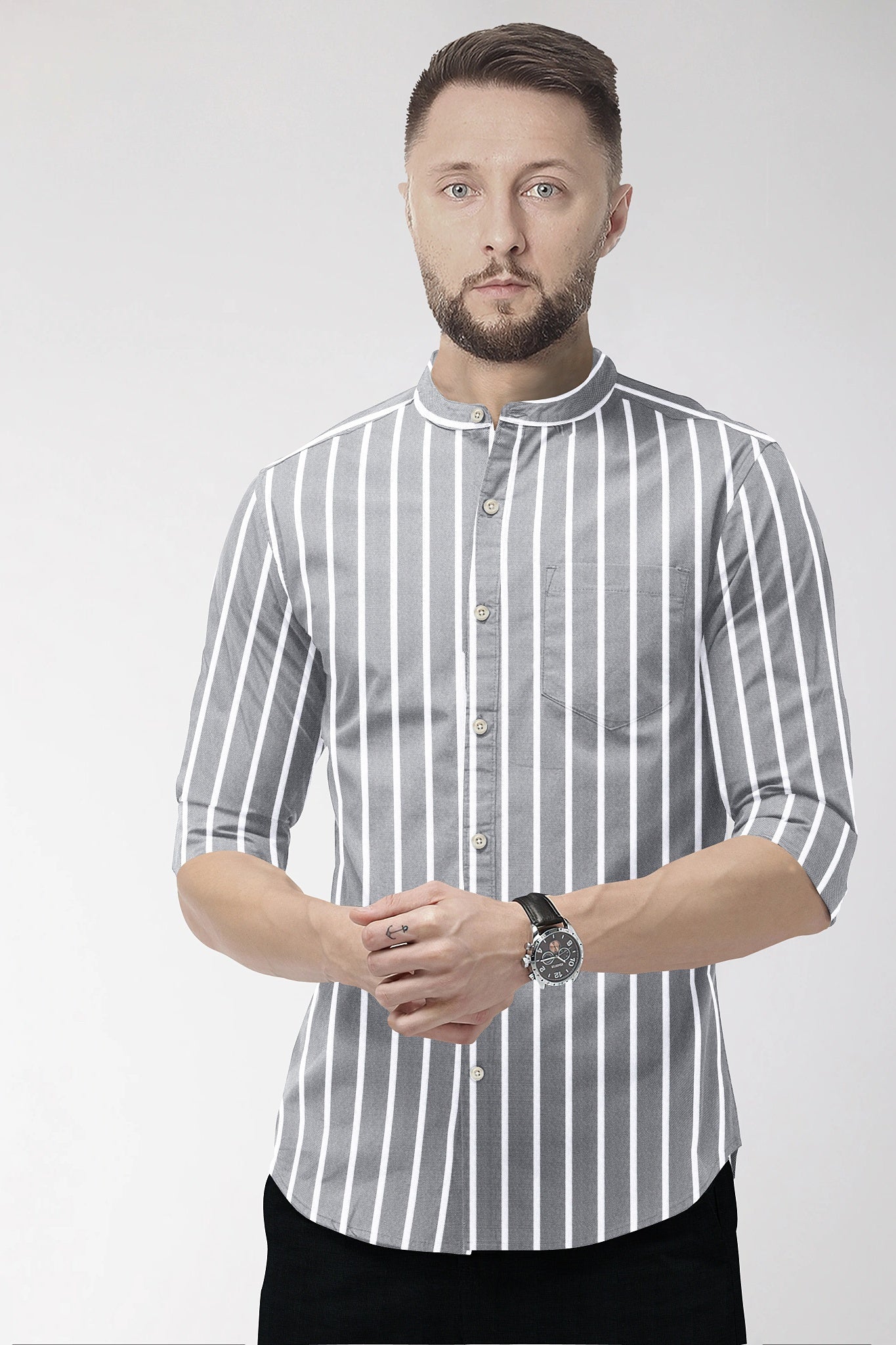 Mirage Gray and Flash White Chalk Stripes Oxford Mandarin Collar Cotton Shirt