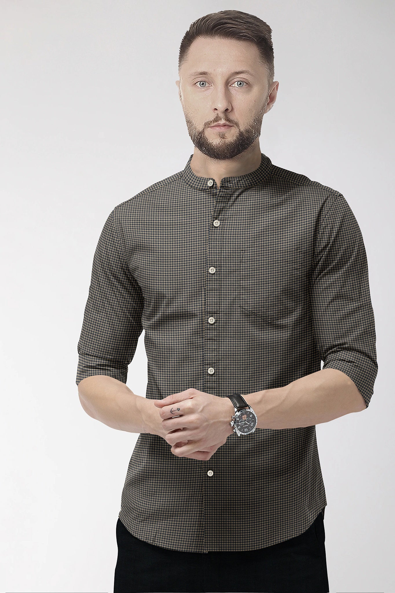 British Khaki and Midnight Blue Gingham Mandarin Collar Cotton Shirt