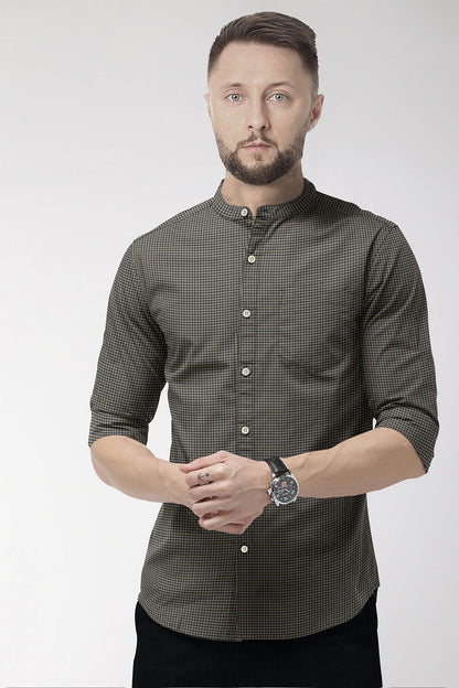 British Khaki and Midnight Blue Gingham Mandarin Collar Cotton Shirt