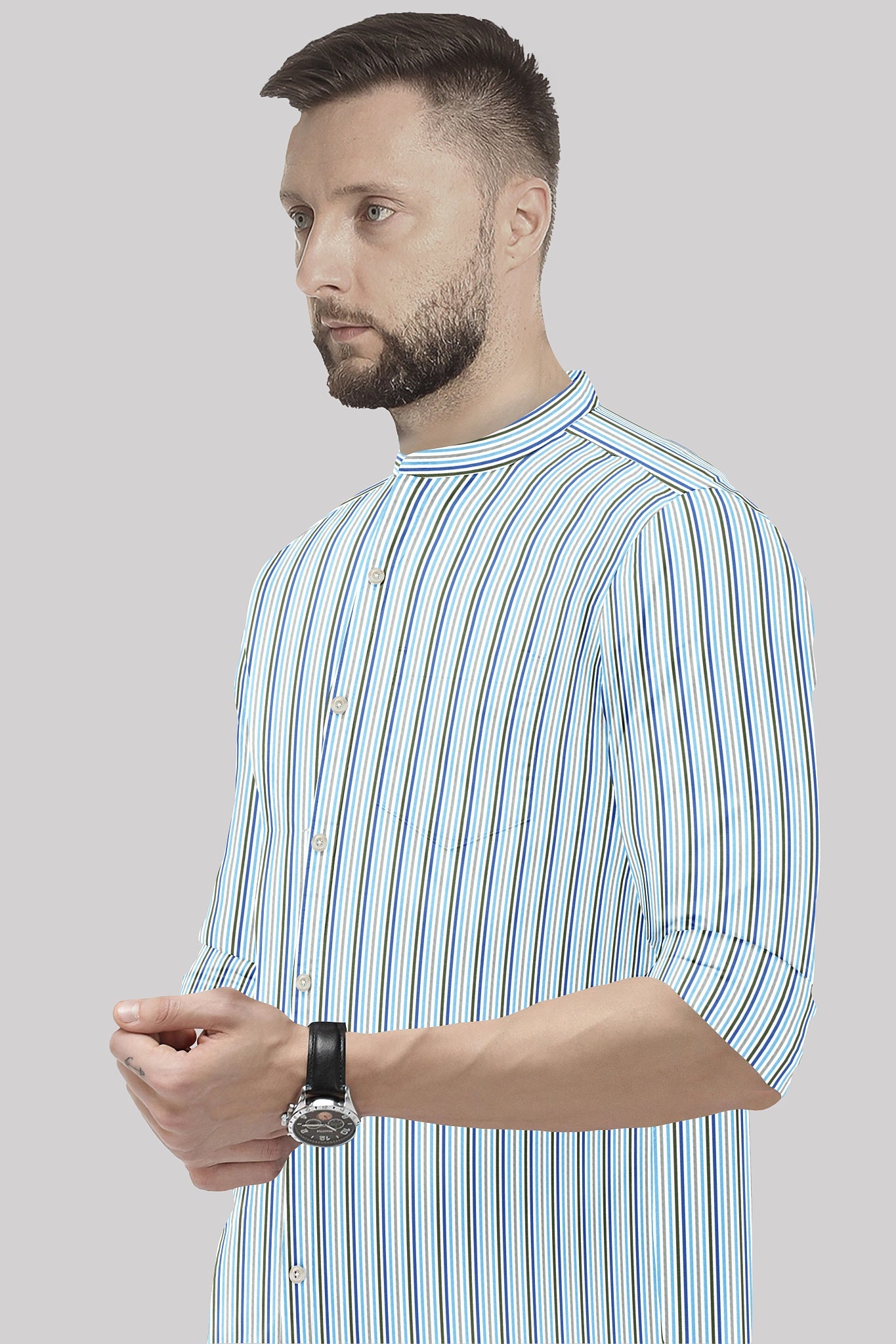 White with Cloisonne Blue and Basil Green Multicolored Multitrack Stripes Mandarin Collar Cotton Shirt