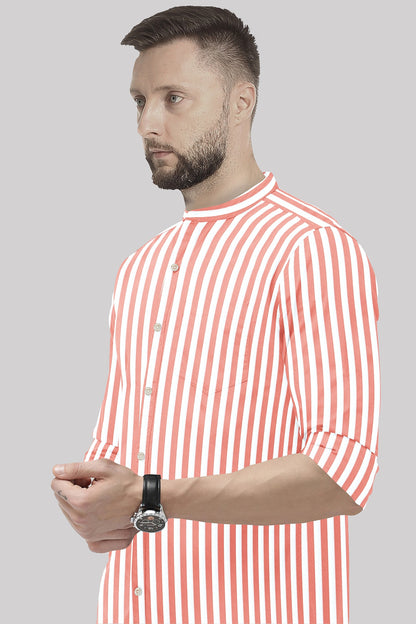 Apricot Blush Peach and White Awning Stripes Mandarin Collar Cotton Shirt