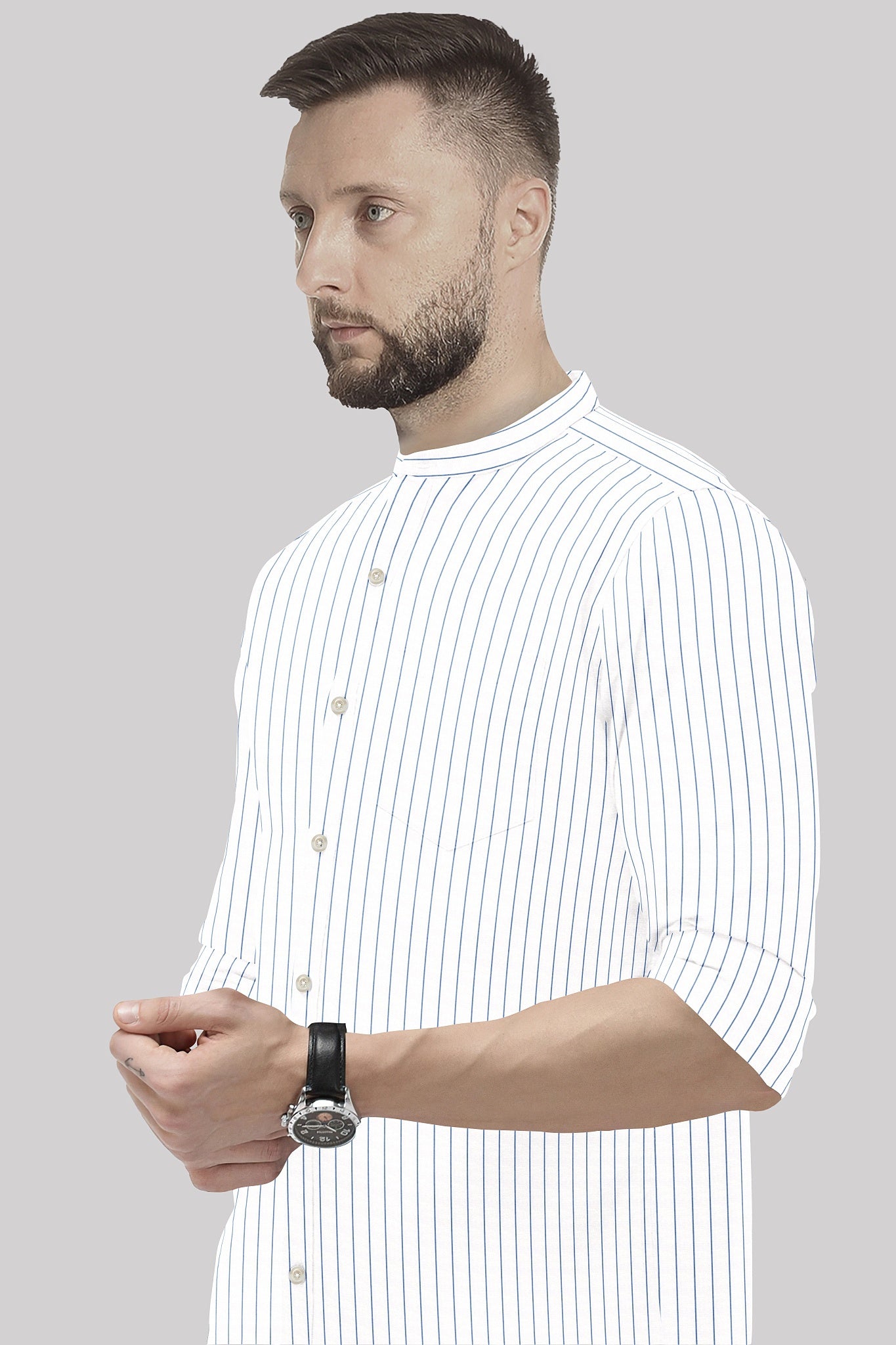 White and Dodger Blue Pin Stripes Mandarin Collar Cotton Shirt