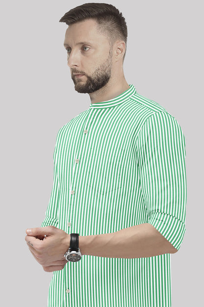White and Zephyr Green Candy Stripes Mandarin Collar Cotton Shirt
