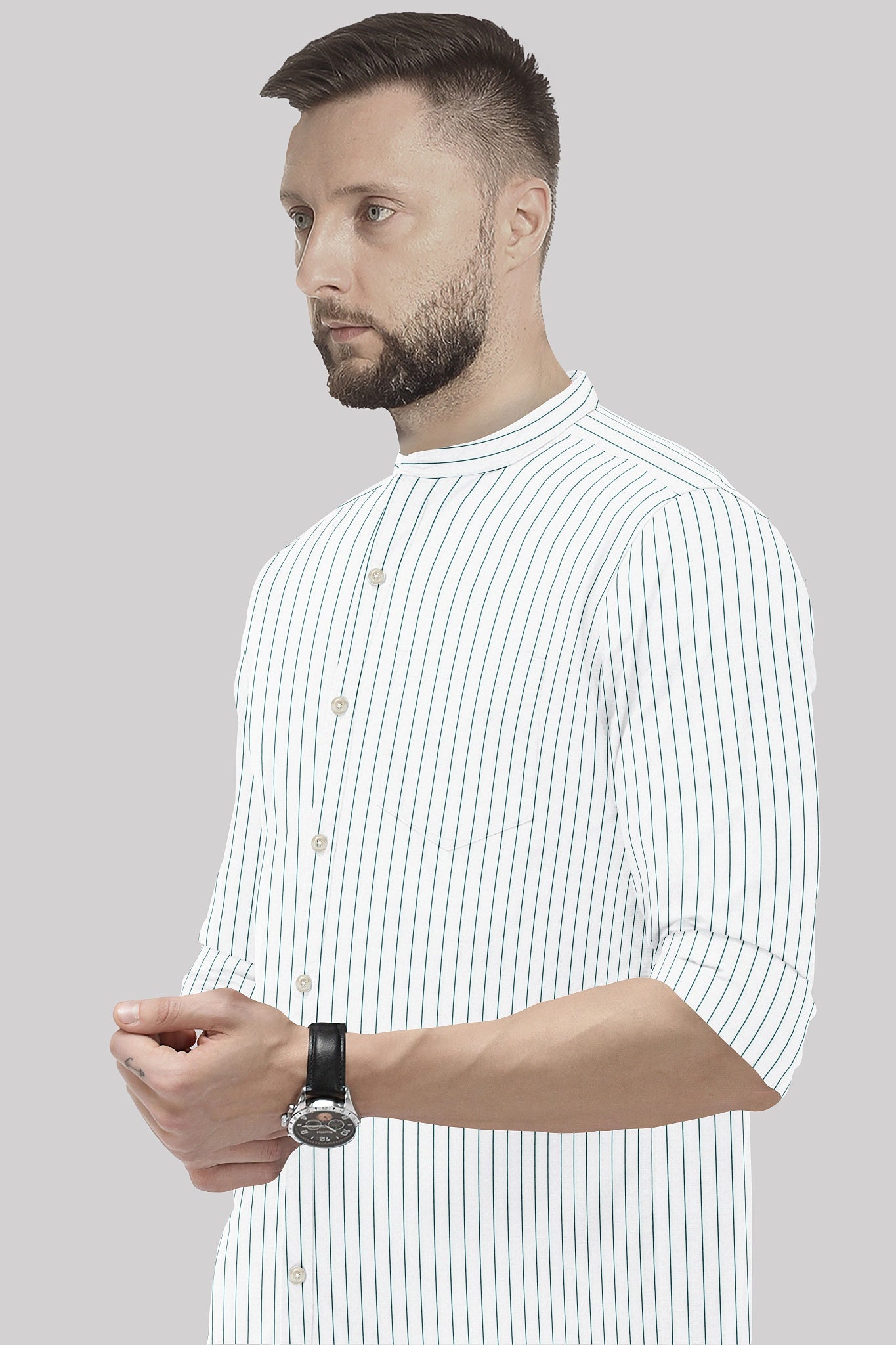 White and Amazon Green Pin Stripes Mandarin Cotton Shirt