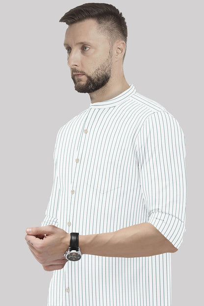 White and Amazon Green Pin Stripes Mandarin Cotton Shirt
