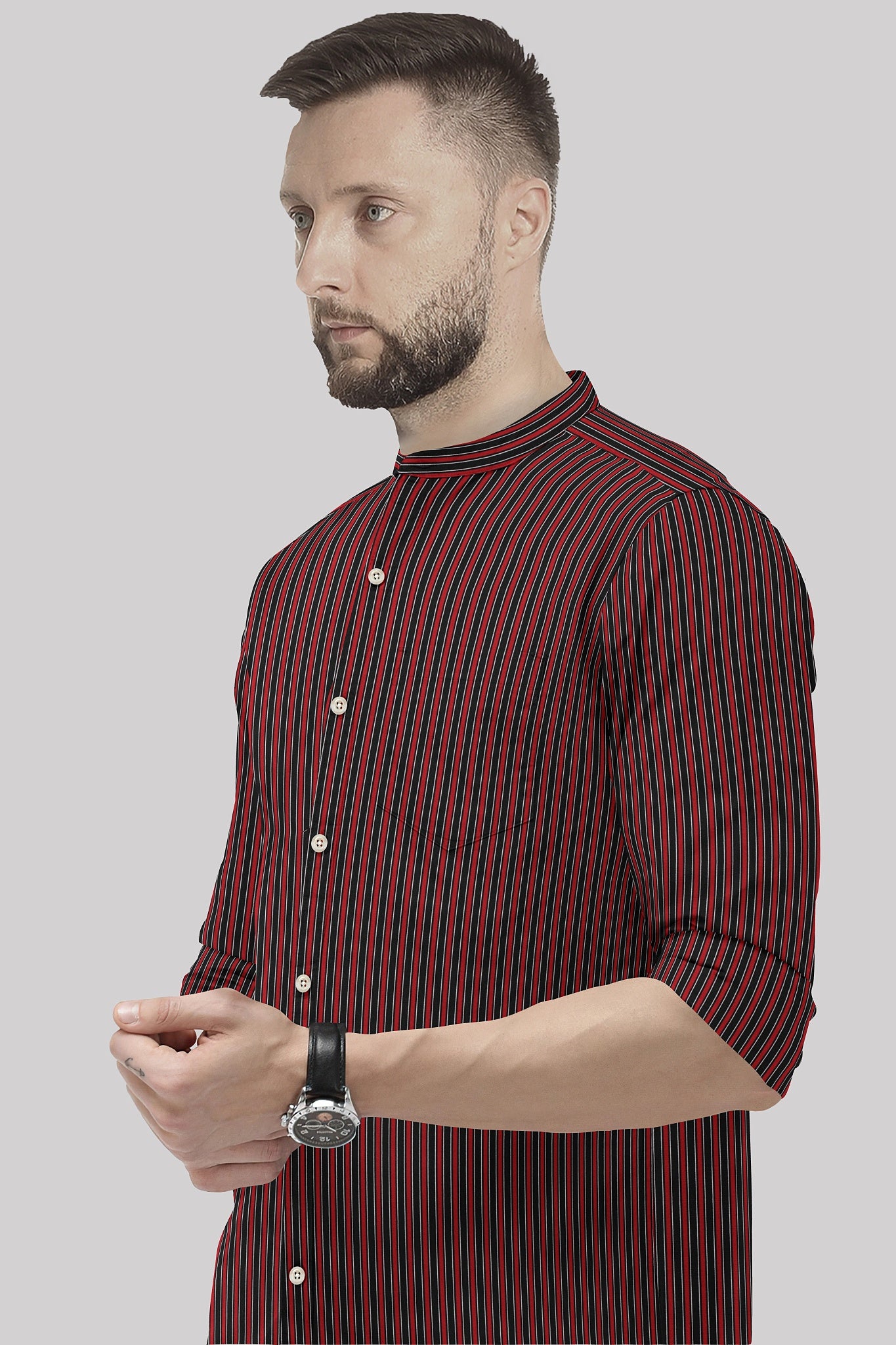 Fiery Red and Jade Black Regimental Stripes Mandarin Collar Cotton Shirt
