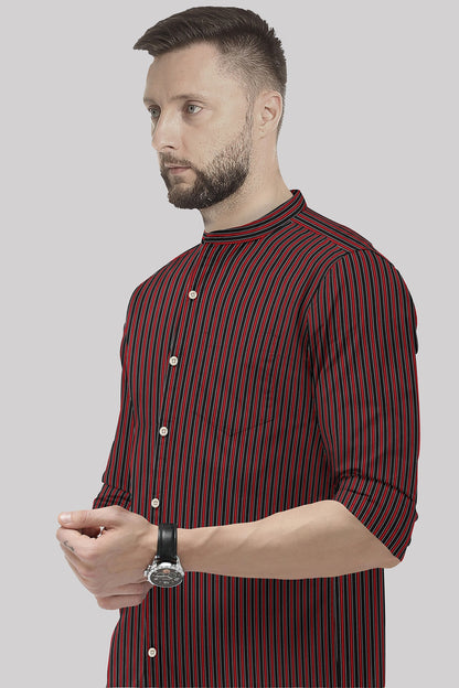 Fiery Red and Jade Black Regimental Stripes Mandarin Collar Cotton Shirt