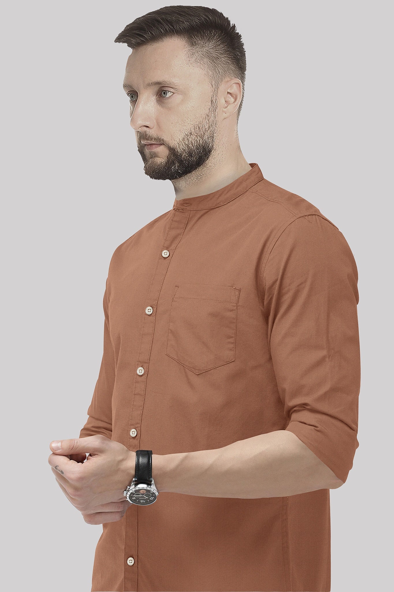 Caramel Brown Mandarin Collar Premium Oxford Cotton Shirt