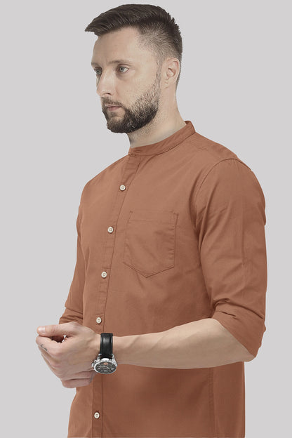 Caramel Brown Mandarin Collar Premium Oxford Cotton Shirt