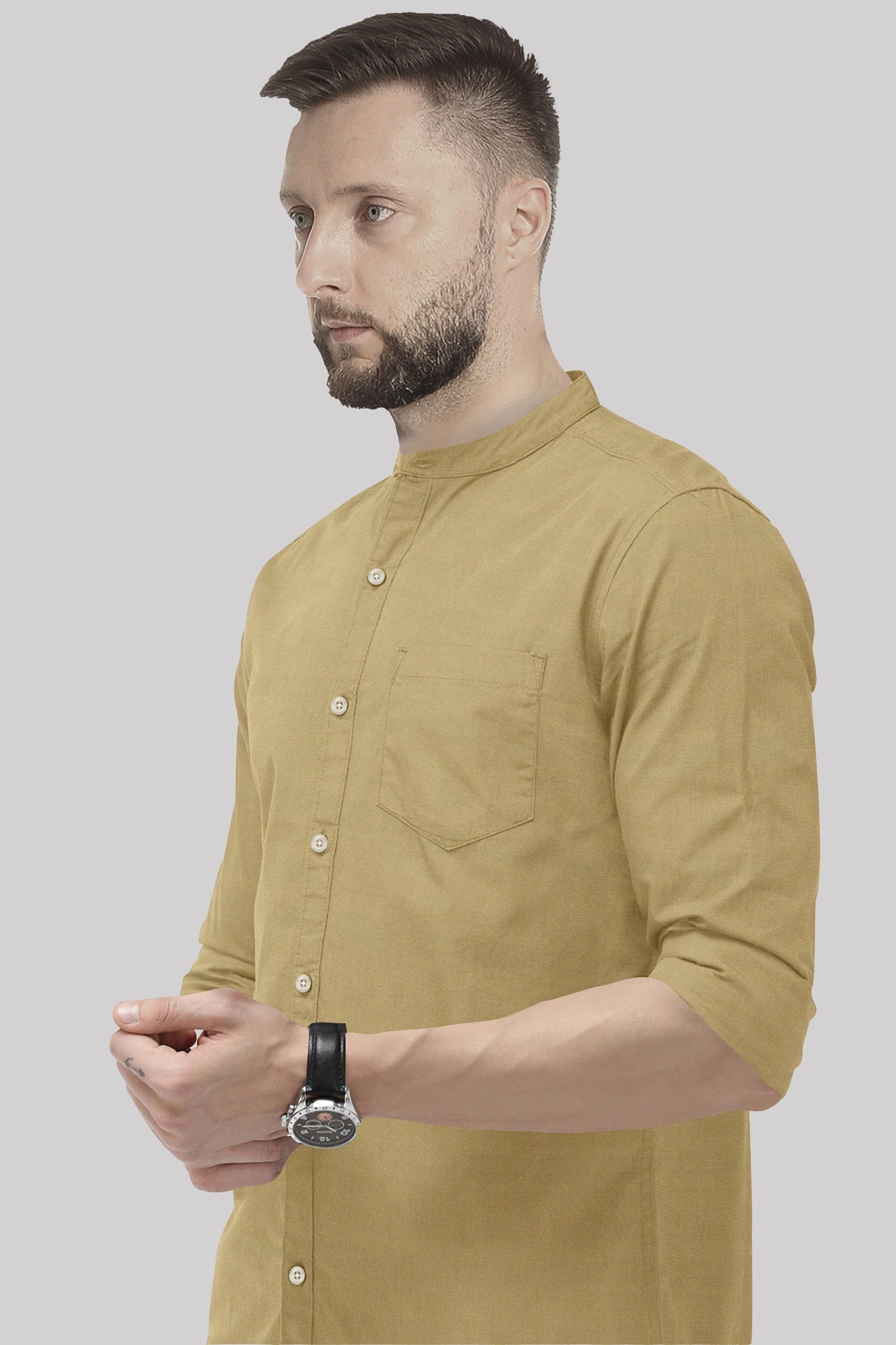 Dark Khaki Mandarin Collar Premium Oxford Cotton Shirt
