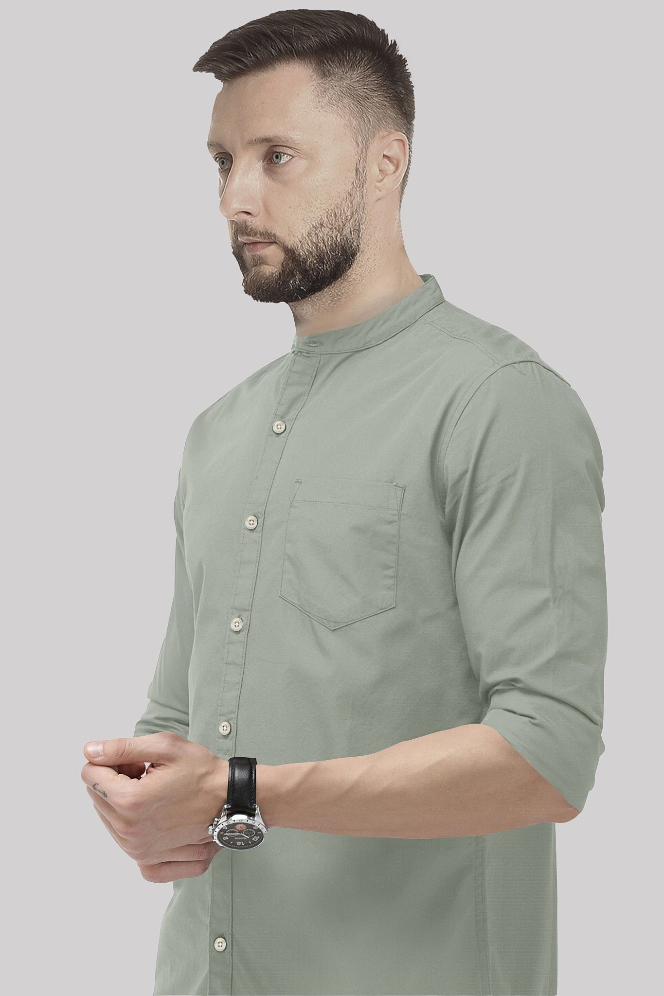Mantle Green Mandarin Collar Giza Cotton Shirt