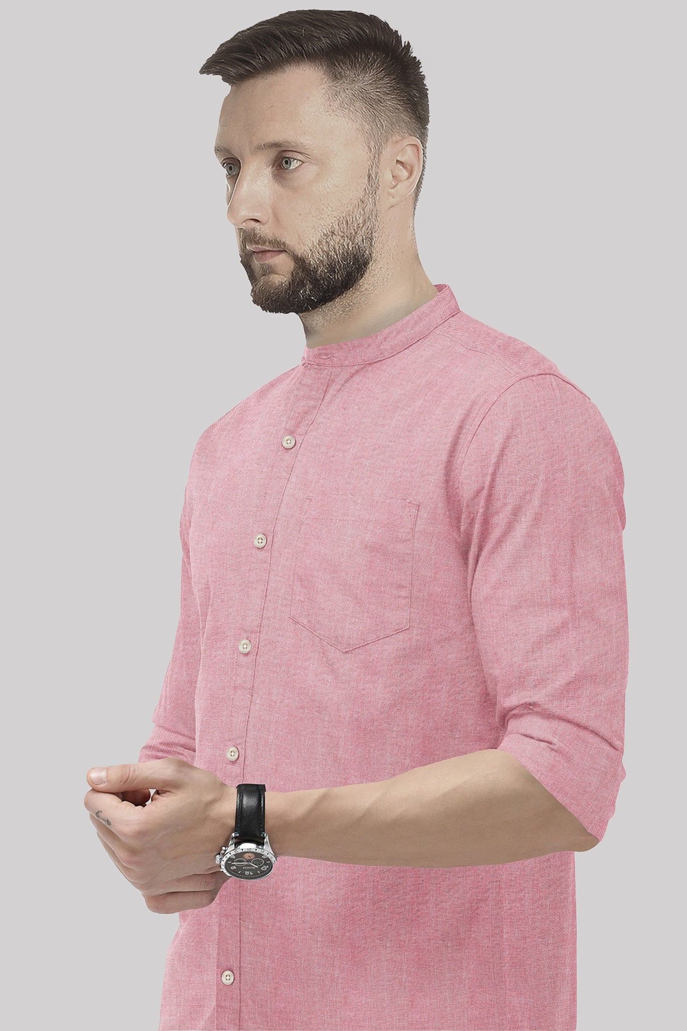Persian Red and White Mandarin Collar Oxford Plain Cotton Shirt