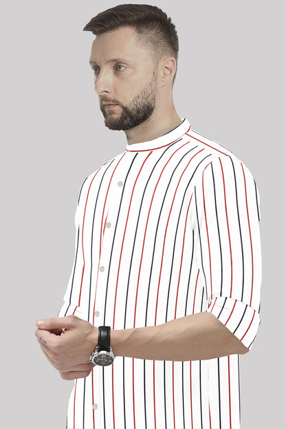 White with Scarlet Red and Navy Stripes Mandarin Collar Cotton Shirt