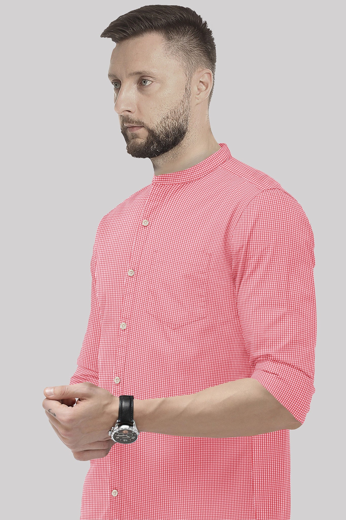 Poinsettia Red and White Ninja Shuriken Printed Mandarin Collar Cotton Shirt