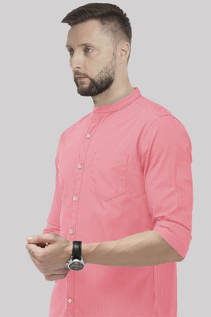 Poinsettia Red and White Ninja Shuriken Printed Mandarin Collar Cotton Shirt