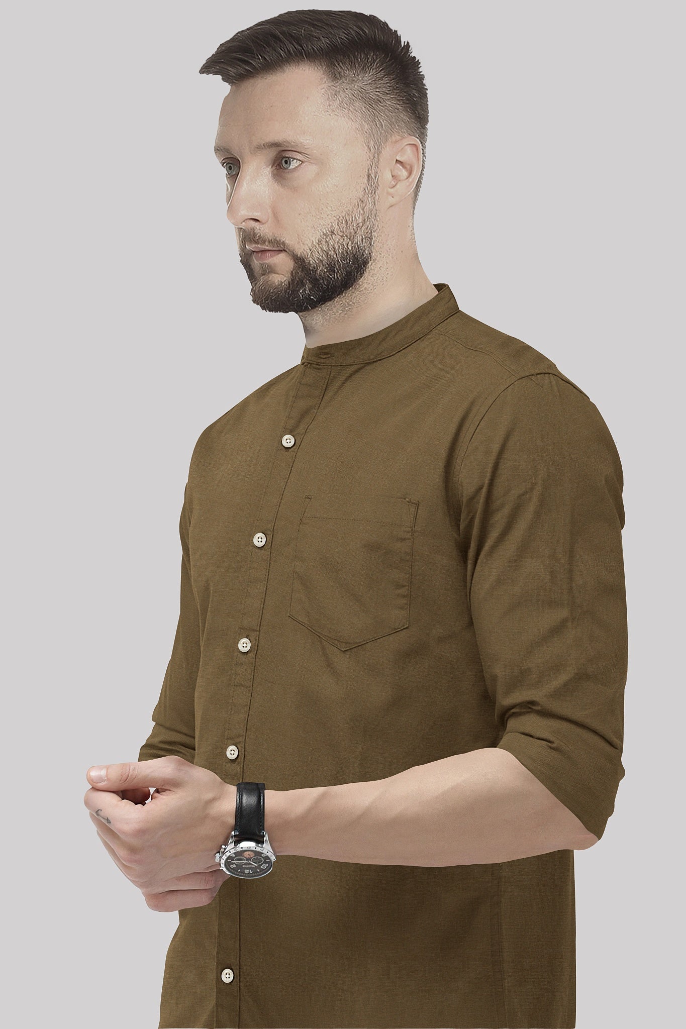 Chamoisee Brown Mandarin Collar Luxurious Linen Shirt