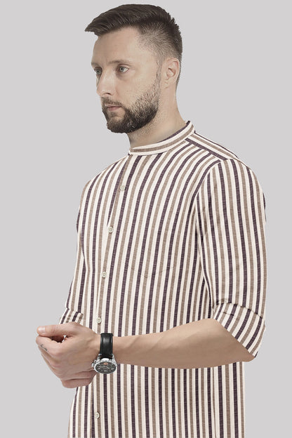Beige with Wine and Antler Brown Multitrack Stripes Mandarin Collar Cotton Linen Shirt
