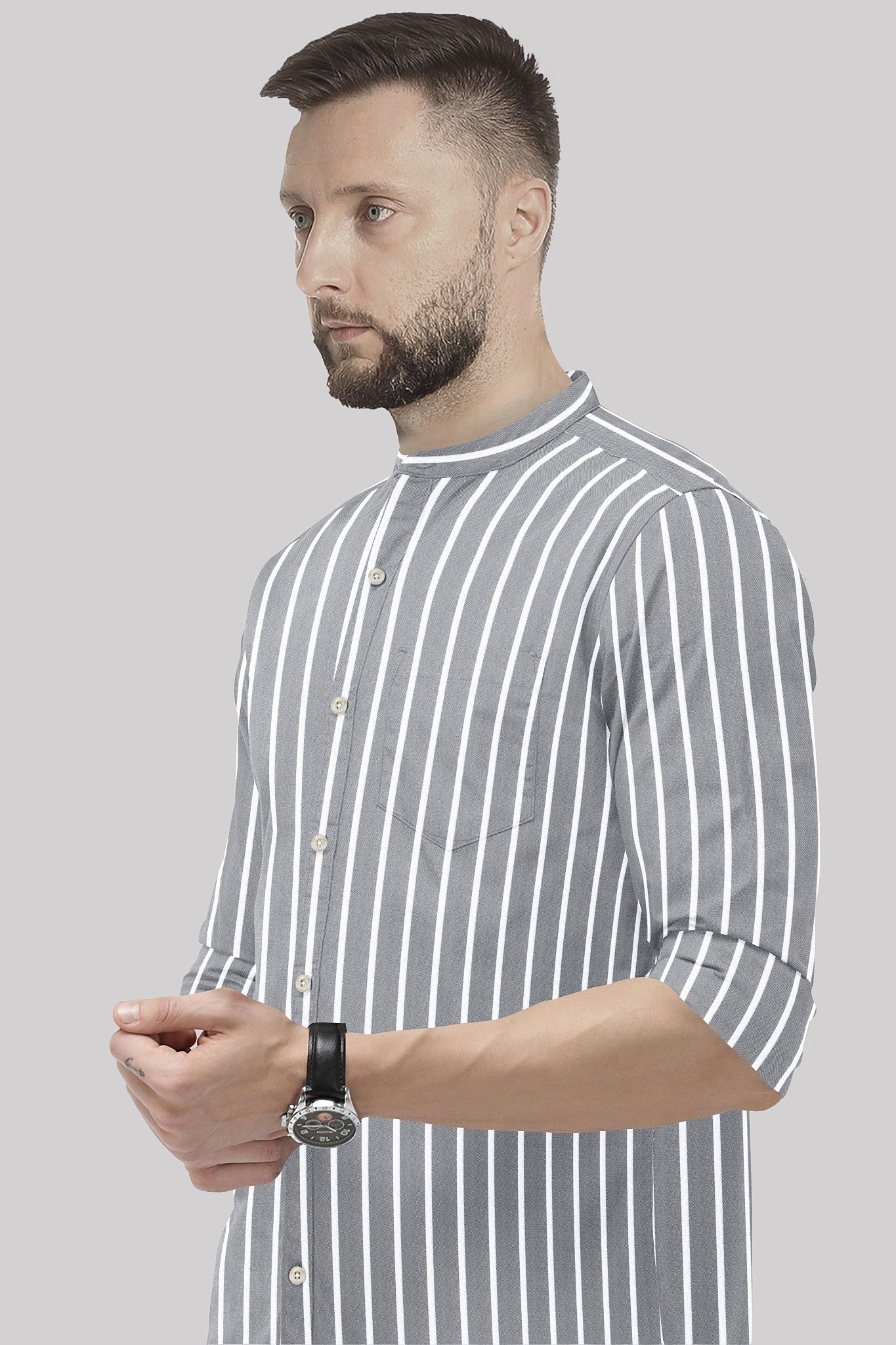 Mirage Gray and Flash White Chalk Stripes Oxford Mandarin Collar Cotton Shirt