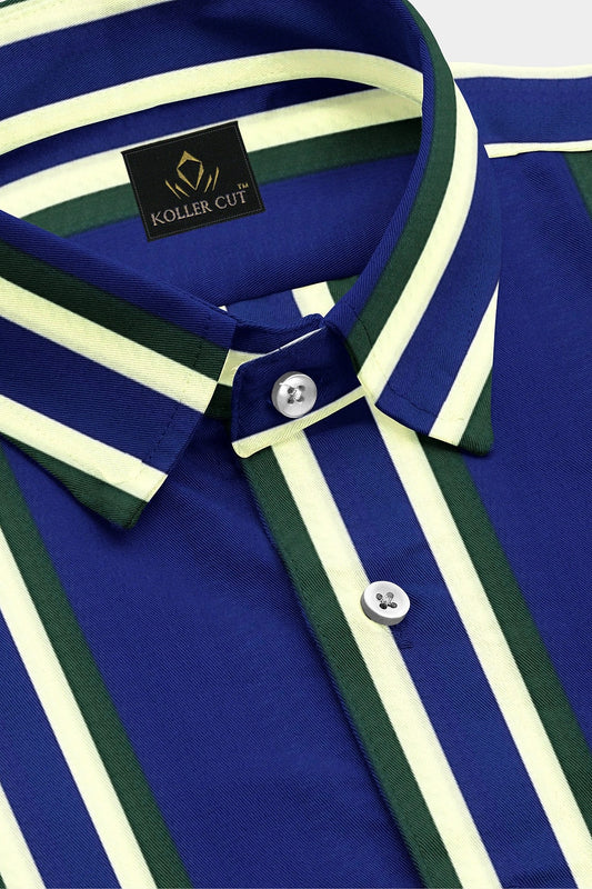 Lapis Blue with Foliage Green and White Stripes Cotton Shirt