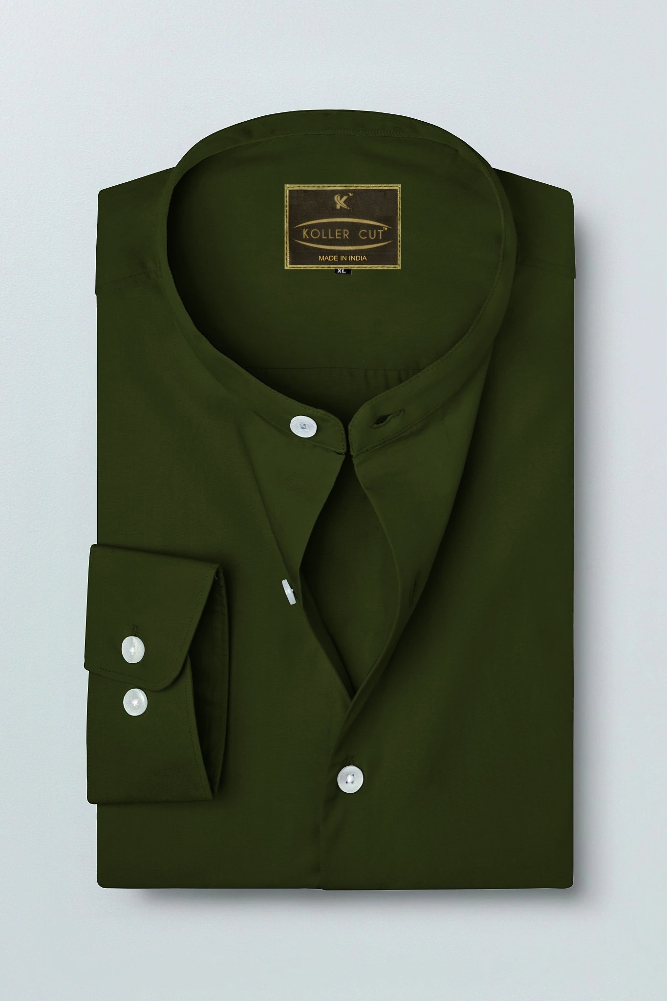 Basil Green Mandarin Collar Giza Cotton Shirt