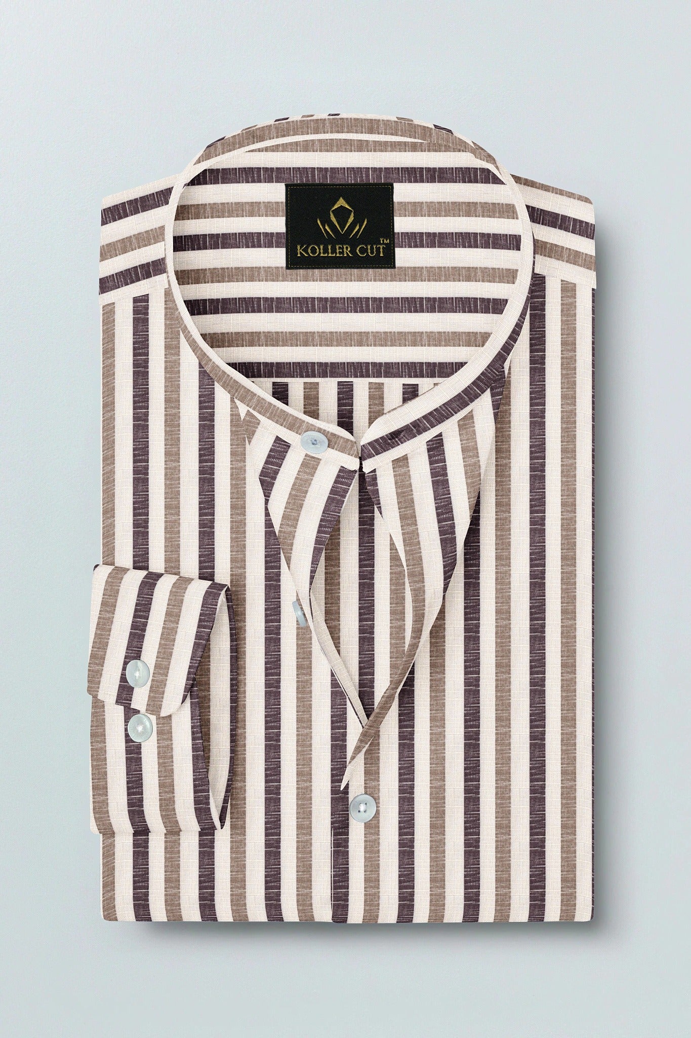Beige with Wine and Antler Brown Multitrack Stripes Mandarin Collar Cotton Linen Shirt