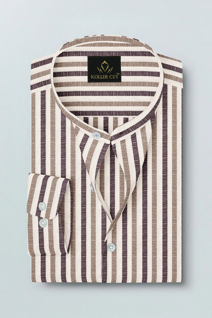 Beige with Wine and Antler Brown Multitrack Stripes Mandarin Collar Cotton Linen Shirt