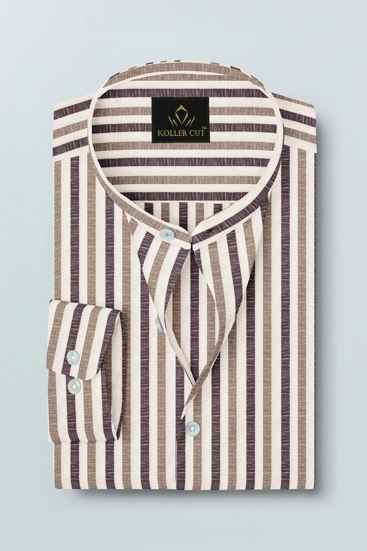 Beige with Wine and Antler Brown Multitrack Stripes Mandarin Collar Cotton Linen Shirt