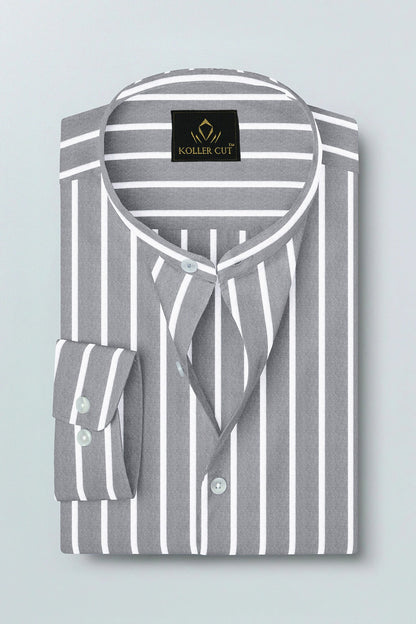 Mirage Gray and Flash White Chalk Stripes Oxford Mandarin Collar Cotton Shirt