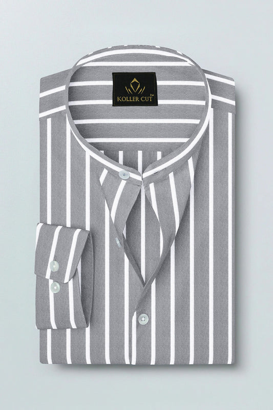 Mirage Gray and Flash White Chalk Stripes Oxford Mandarin Collar Cotton Shirt
