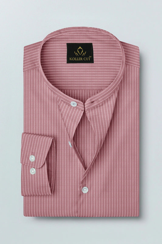 Polignac Pink and Salt White Pinstripes Mandarin Collar Cotton Shirt