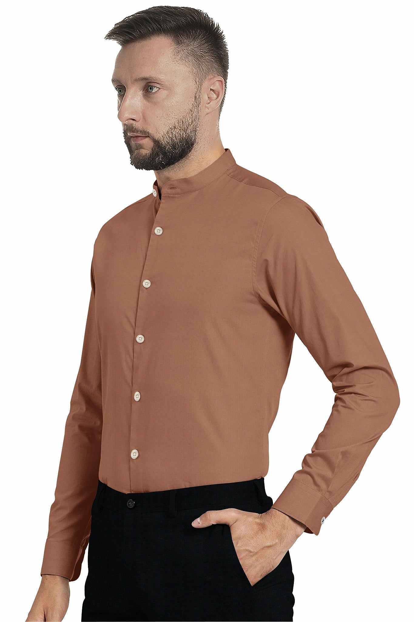Caramel Brown Mandarin Collar Premium Oxford Cotton Shirt