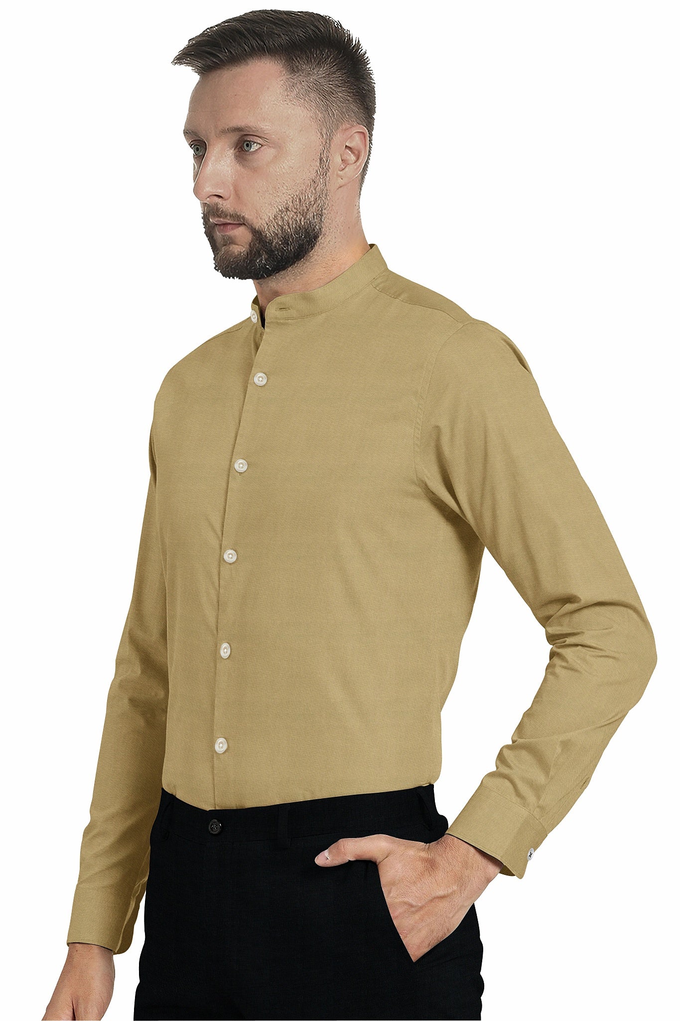 Dark Khaki Mandarin Collar Premium Oxford Cotton Shirt