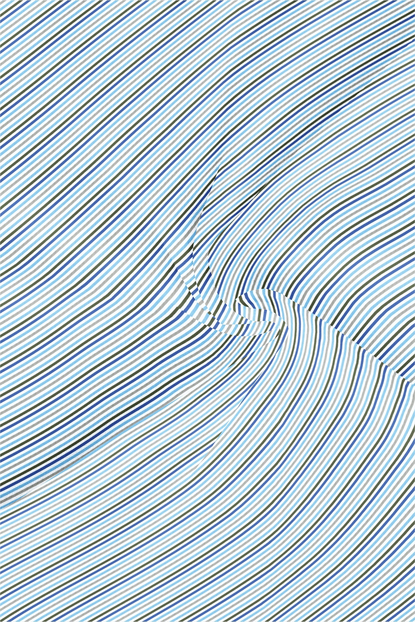 White with Cloisonne Blue and Basil Green Multicolored Multitrack Stripes Mandarin Collar Cotton Shirt