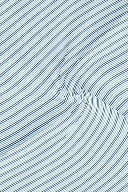 White with Cloisonne Blue and Basil Green Multicolored Multitrack Stripes Mandarin Collar Cotton Shirt