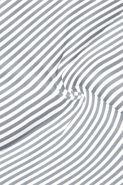 Lunar Gray and White Awning Stripes Mandarin Collar Cotton Shirt