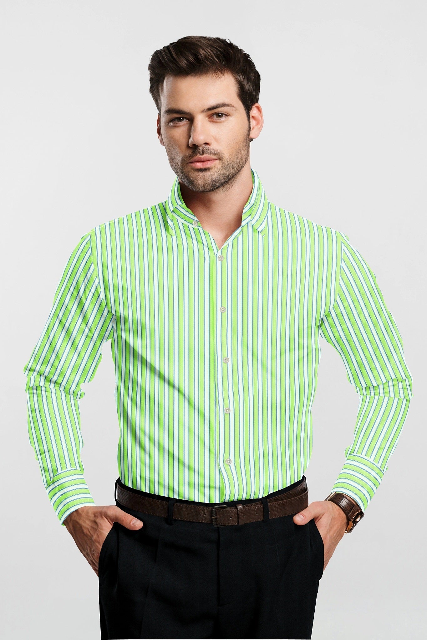 White with Lime Green and Sapphire Blue Regimental Stripes Cotton Shirt