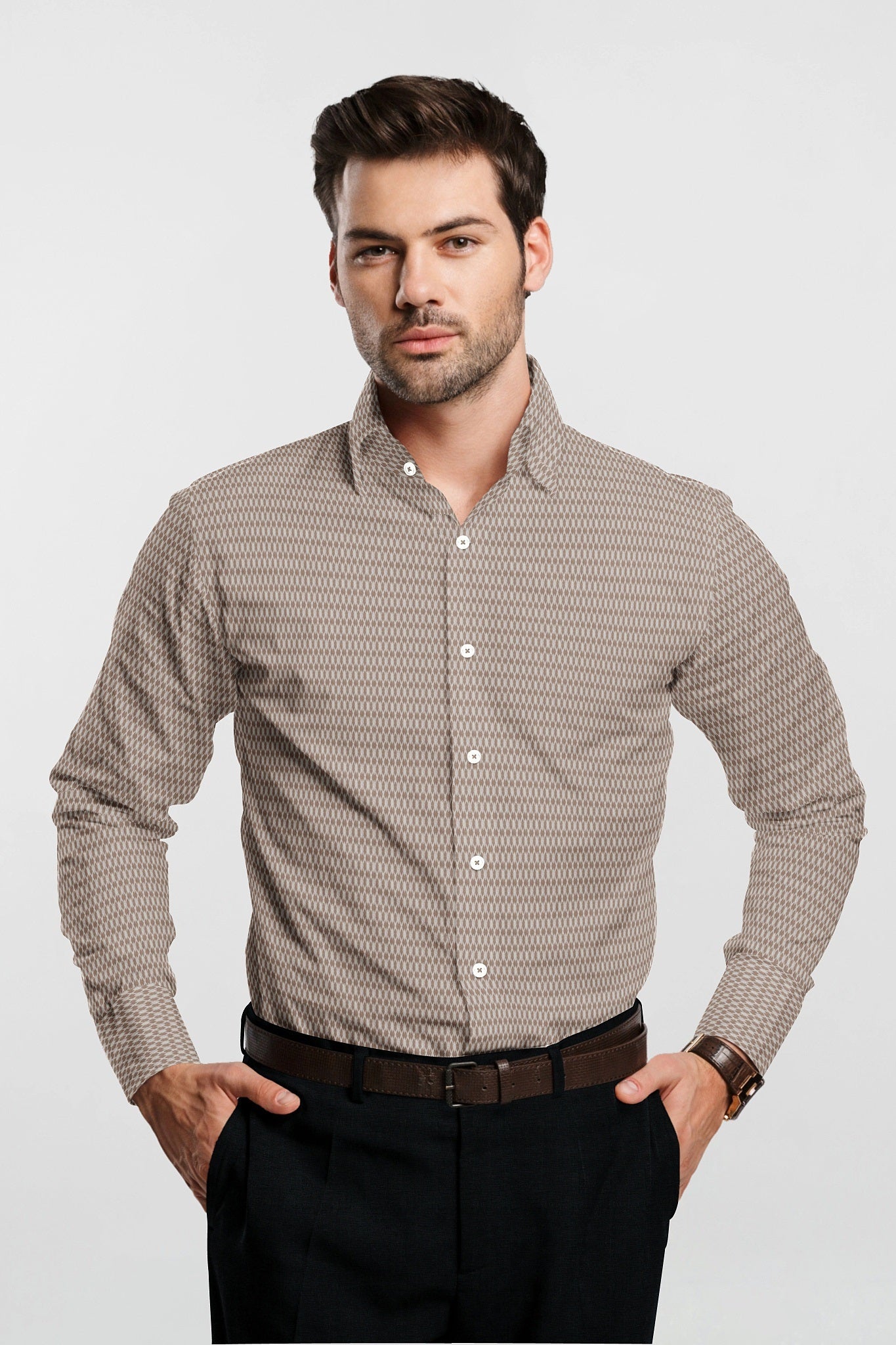 Roebuck Brown and White Diamond Checks Dobby Textured Print Cotton Shirt